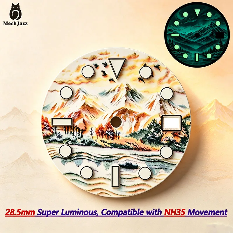 28.5mm Super Luminous Snow Mountain Scenery Watch Dial With Date Window Mod Parts For NH35 NH36 Automatic Mechanical Watch