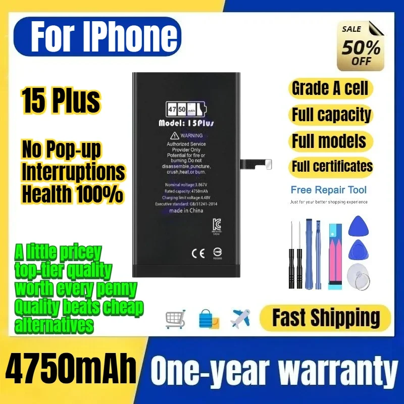 A3094/A2847 for IPhone 15 Plus Phone Battery No Pop-up Interruptions Health 100% Replacement Bateria Grade A Cell with Tools