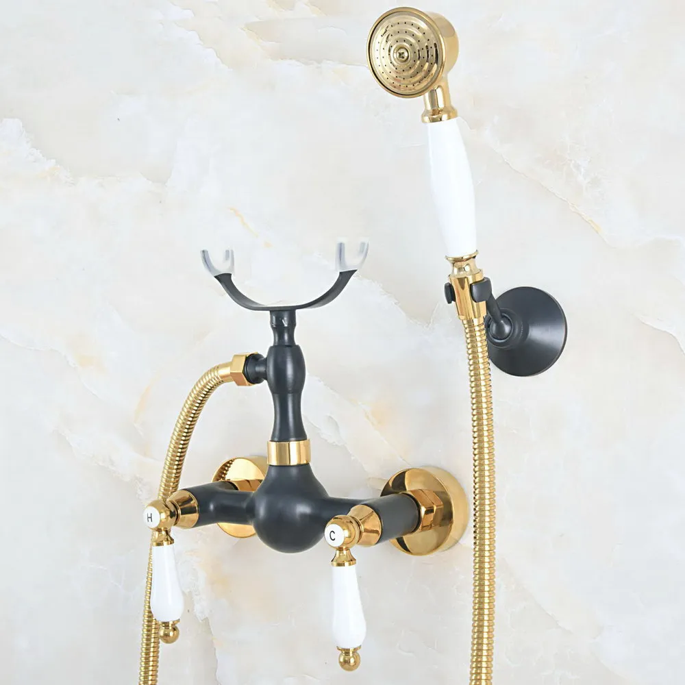 

Polished Gold & Oil Rubbed Brass Wall Mounted Bathroom Shower Faucet Set with 1.5M Hose Handheld Spray Head Mixer Tap Dna556