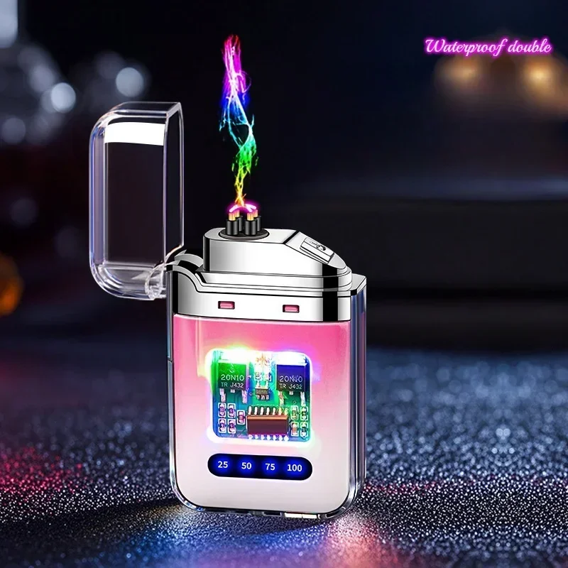 Transparent Shell Electronic Pulse Windproof Dual Arc Charging Lighter Cool Color Light Battery Display Type-C Electric Lighters