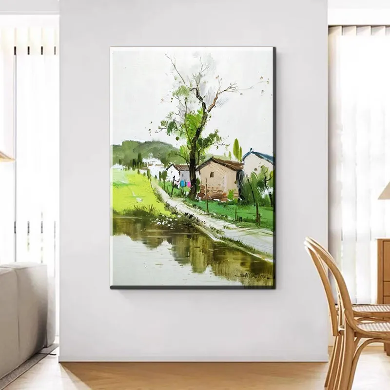 Pastoral Village Canal Art Print - Idyllic Rural Landscape Wall Decor for Living Room Bedroom, High-Quality Printed Poster, Unfr