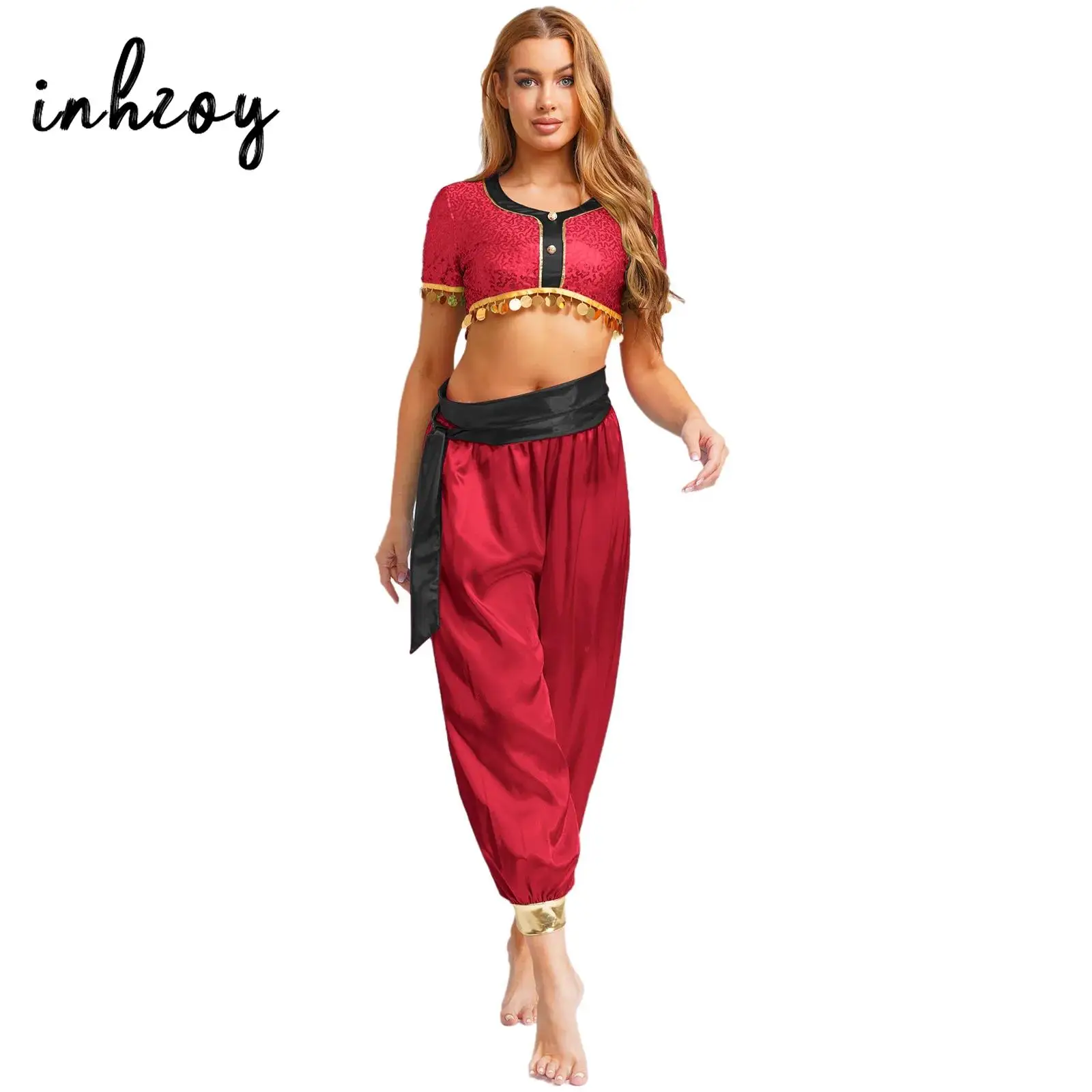 

Платье принцессы в арабском стиле, женский укороченный топ с блестками и шаровары, костюм для танца живота