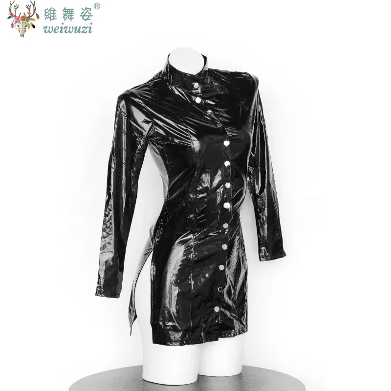 Sexy Adult Women Plus Size Long Sleeve Bodysuit PU Leather Slim High Fork NightClub Rave Party Oil Shiny Stand Collar Mini Dress