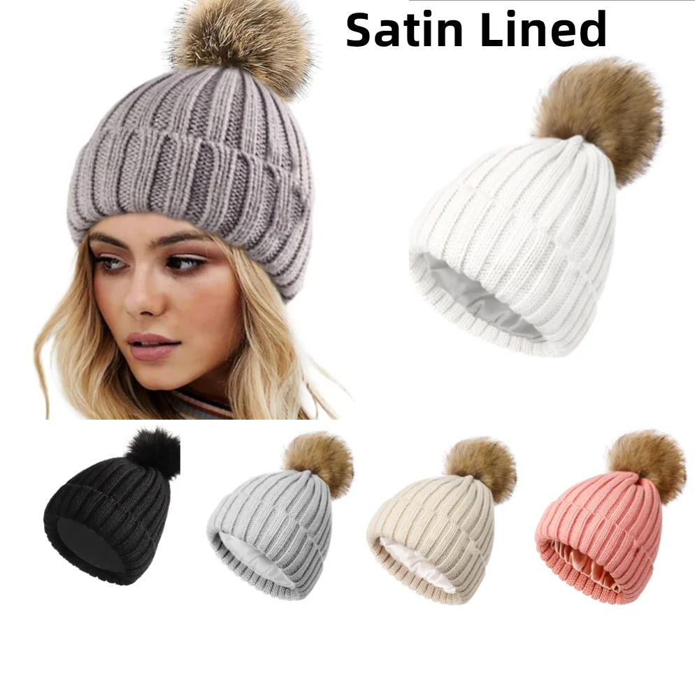 

Fashion Winter Beanie Hat For Women Satin Lined Fur Pom Pom Knitted Caps For Men Solid Color Thick Warm Unisex Skullies Beanies