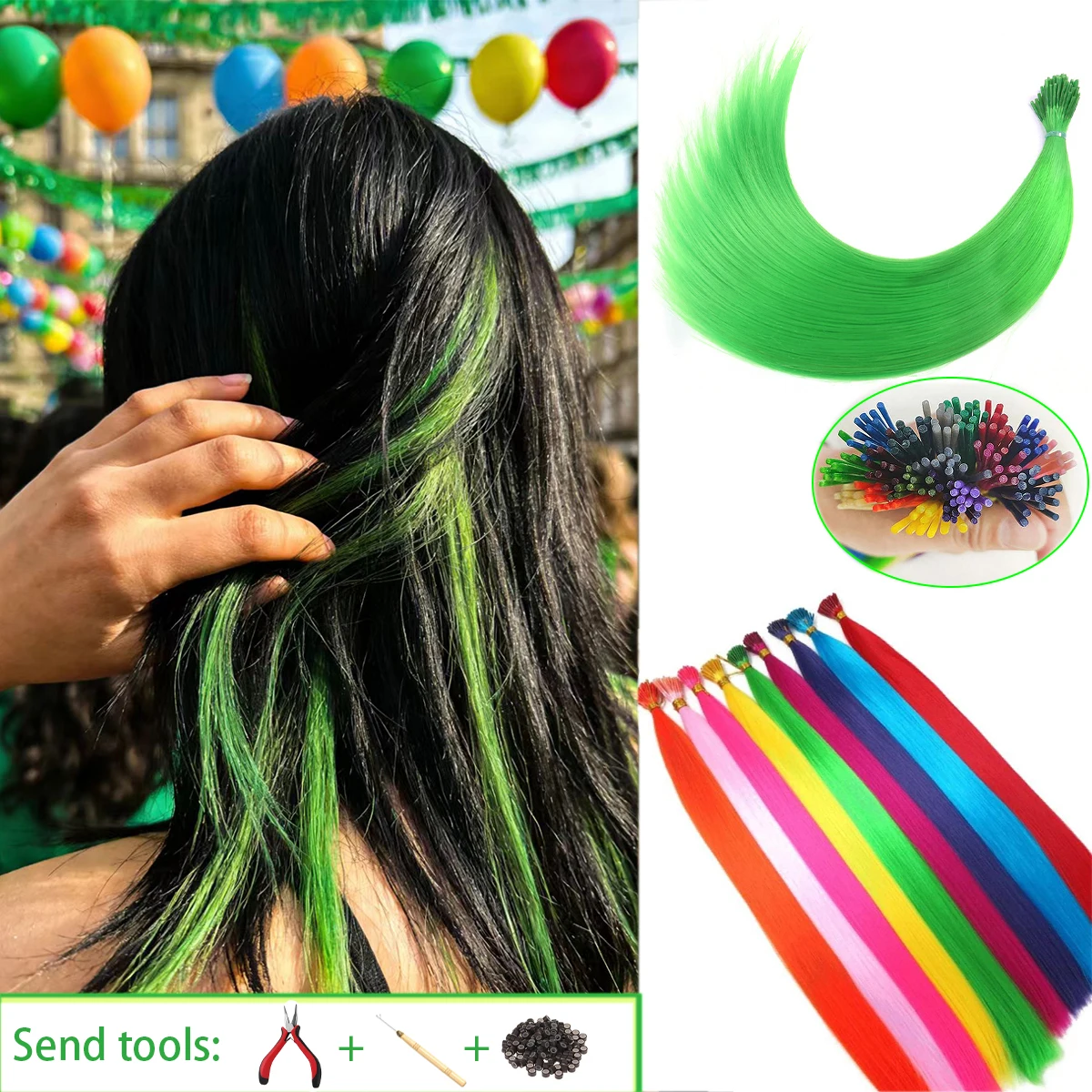

50 прядей/упаковка, цветные синтетические прямые волосы I-Tip 20 дюймов с набором инструментов для микрокольцевого наращивания для женщин, для вечеринок