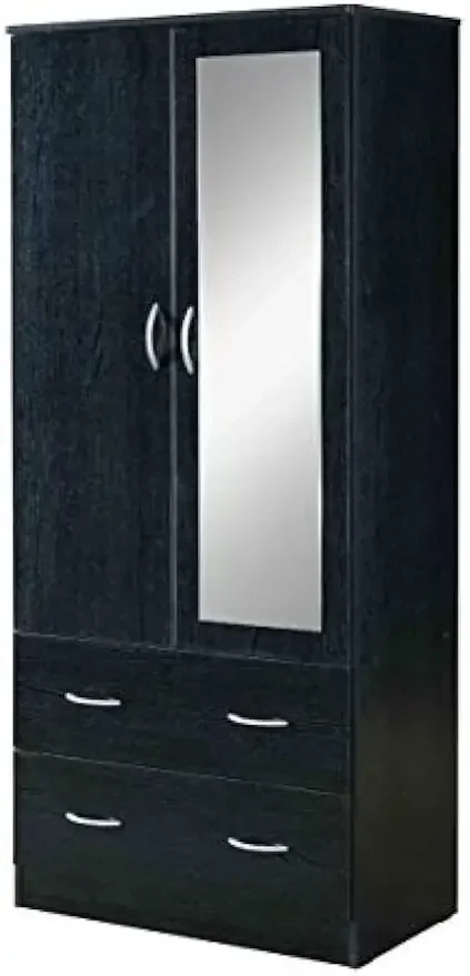 Two Door Wardrobe with Two Drawers and Hanging Rod plus Mirror, Black