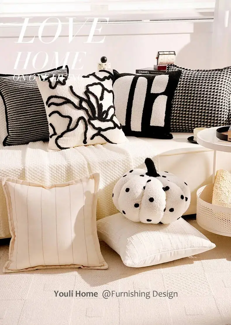 Luxuriöser französischer Stil Schwarz-Weiß Dekokissenbezug Chenille Boho Weiche Moderne Kissenhüllen für Sofa- und Bettdekoration – Detail 1