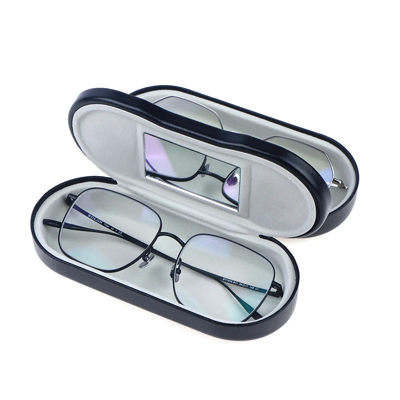 Dual Purpose Glasses Case For Contact Lenses Leather Frame Glasses Case Storage Double Layer Mirror Metal Eyewear Case