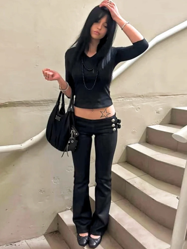 Sisterlinda Daily Pants Women Double-Breasted DecorationMetal Ring Tassel Elastic Waist Autumn Trend Street Hottie Bell-Bottom