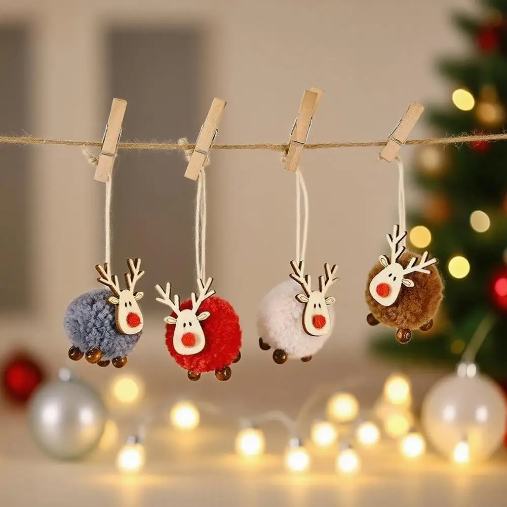 Wooden Deer Slices Xmas Tree Pendants Pom Pom Reindeer Christmas Ornament Plush Elk Hanging Ornaments Xmas Party Home Decor