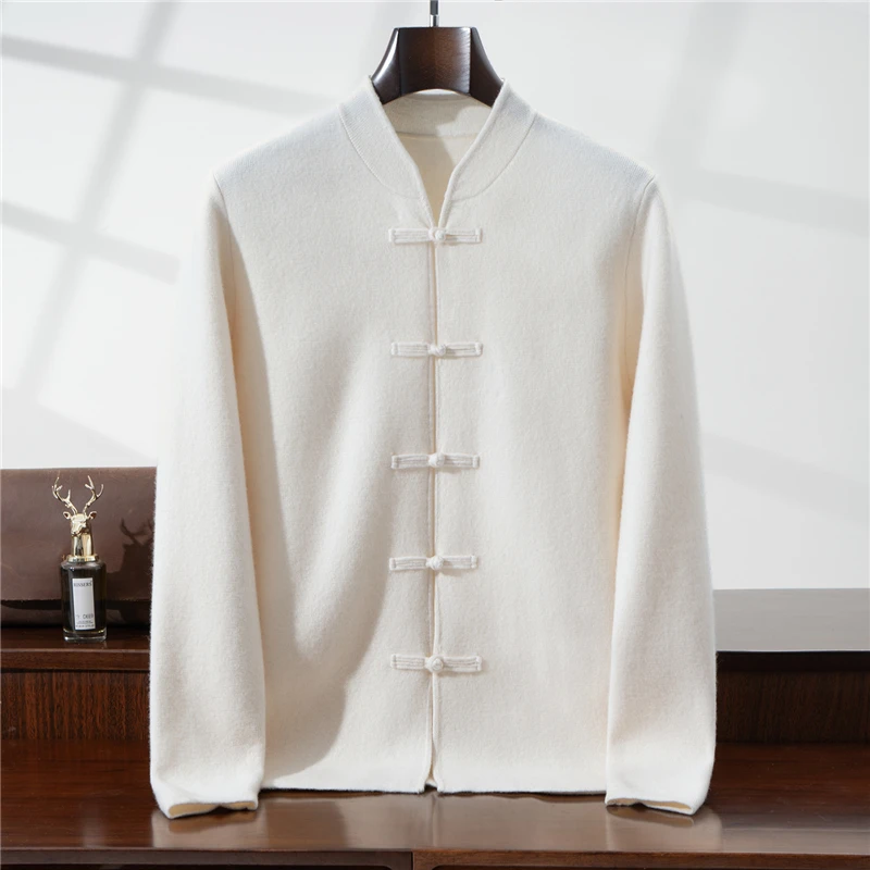

Новый кардиган из 100% шерсти в китайском стиле, мужской однотонный свитер с воротником-стойкой, куртка в национальном стиле, модная вязаная рубашка