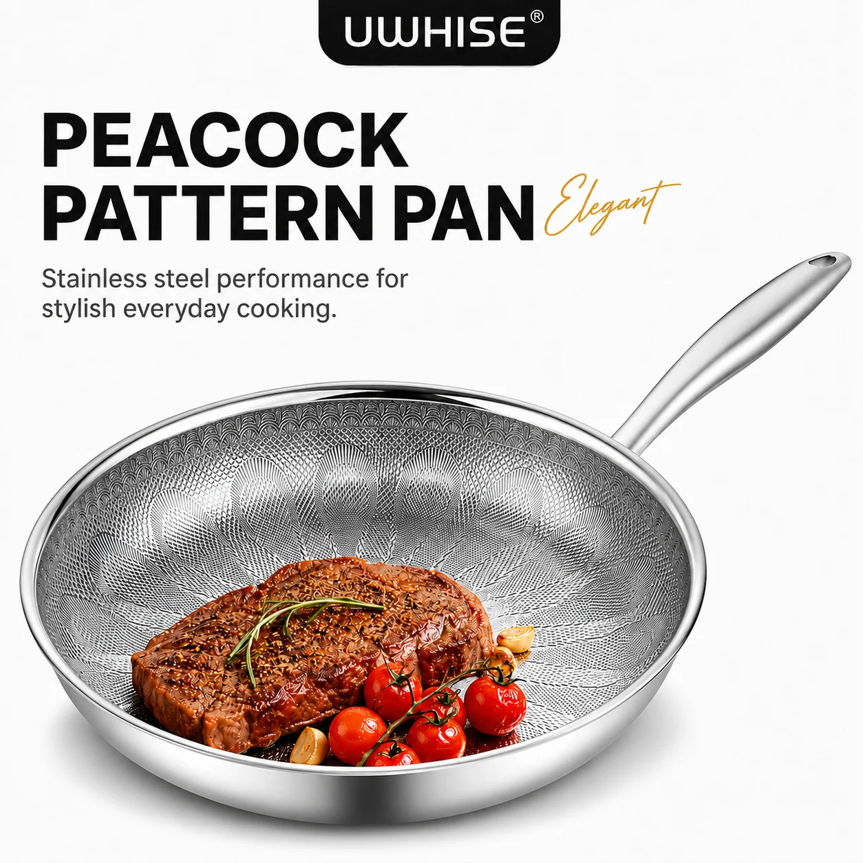 Uwhise Uncoated Titanium 28cm Stainless Steel Wok Frying Pan Peacock Texture Physical Non Stick Skillet For Home Kitchen Cooking