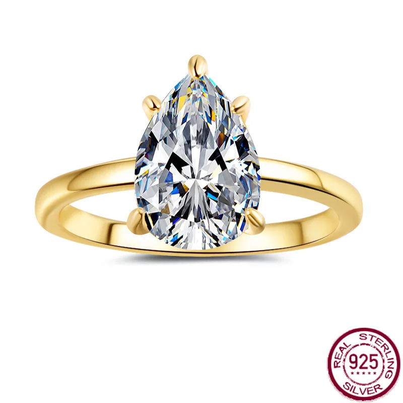 

New S925 sterling silver plated 18K gold ring, fashionable and simple, pear shaped moissanite ring, wedding jewelry