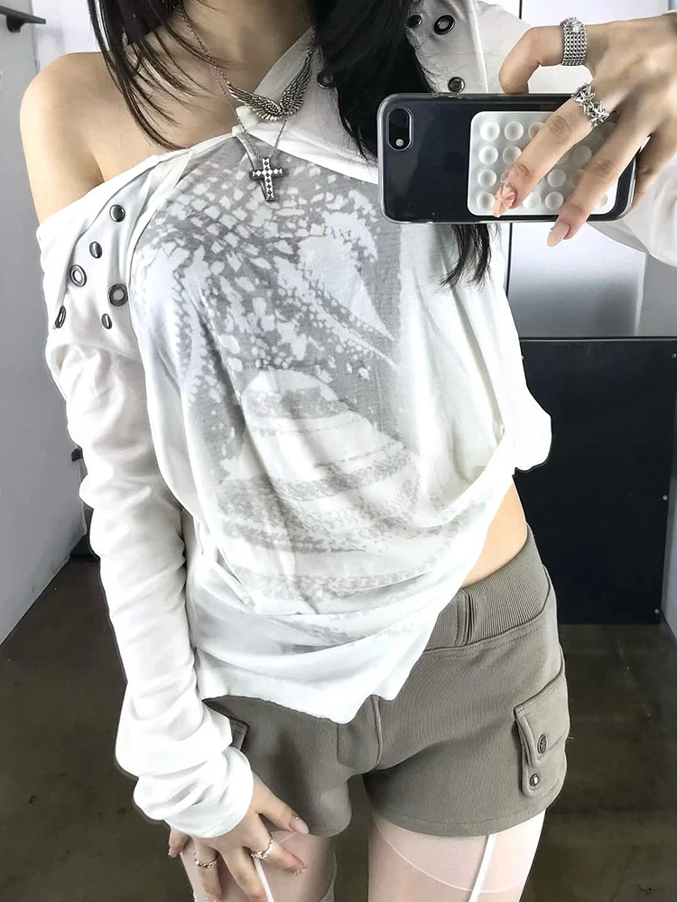 Weird Puss Fashion 2 Tops Solid Simple Camisole+Skew Collar Full Sleeve Print Ring Decoration Irregular t-Shirt Summer Suit