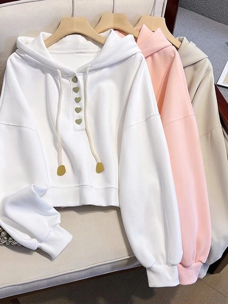 

Zoki Chic Sweet Women Hoodies Long Sleeve Korean Simple Solid Fashion Sweatshirt Fall New Love Buttons Lace Up Cute Short Tops