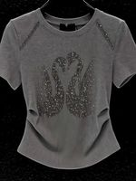 Luxury Design Clothing Grunge T-shirts Shiny Women Slim Tops Vintage Short Sleeve Tees Swan Gray T Shirt Chic