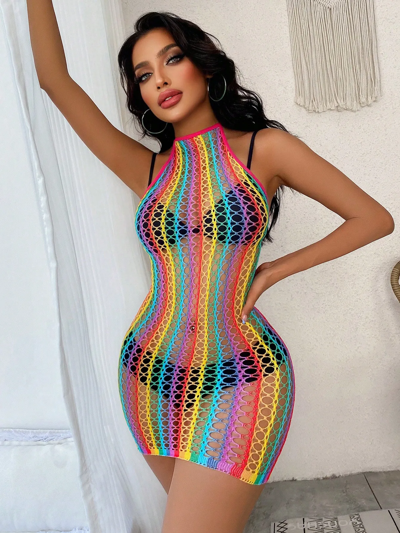 

Мини-платье с сетчатыми вставками и бретелями на шее для вечеринок, сексуальное, прозрачное, облегающее, больших размеров