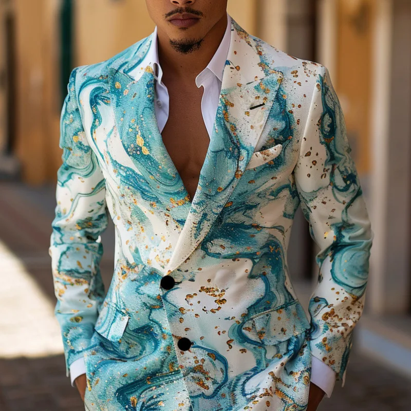 

Новый дизайн, мужской костюм из двух предметов, тупая полоска, градиентный принт, пальто, топ с двумя пуговицами, повседневный костюм для ночного клуба, облегающий костюм для косплея без галстука