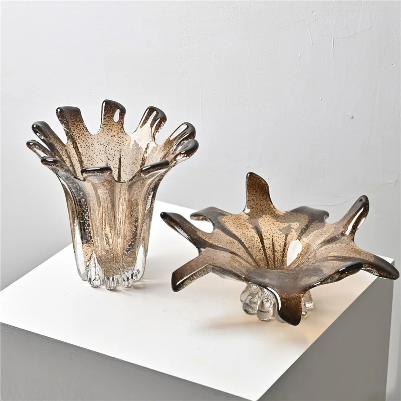Modern versatile brown open glass vase fruit plate combination set, home black dining table decorative storage fruit plate