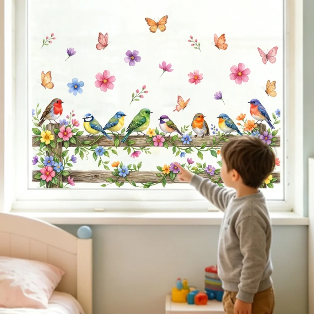 Glass Door Decal Bird Floral Sticker For Home Decoration Colorful Static Cling Technology Double-sided Visibility