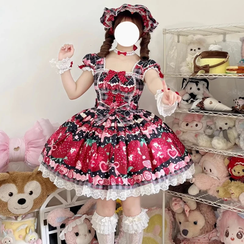 Loli Lo Cos Maid Costume Lolita Style Dress Op Japanese Girl's Sweet Strawberry Print Bow Kawaii Princess Birthday Sling Dress