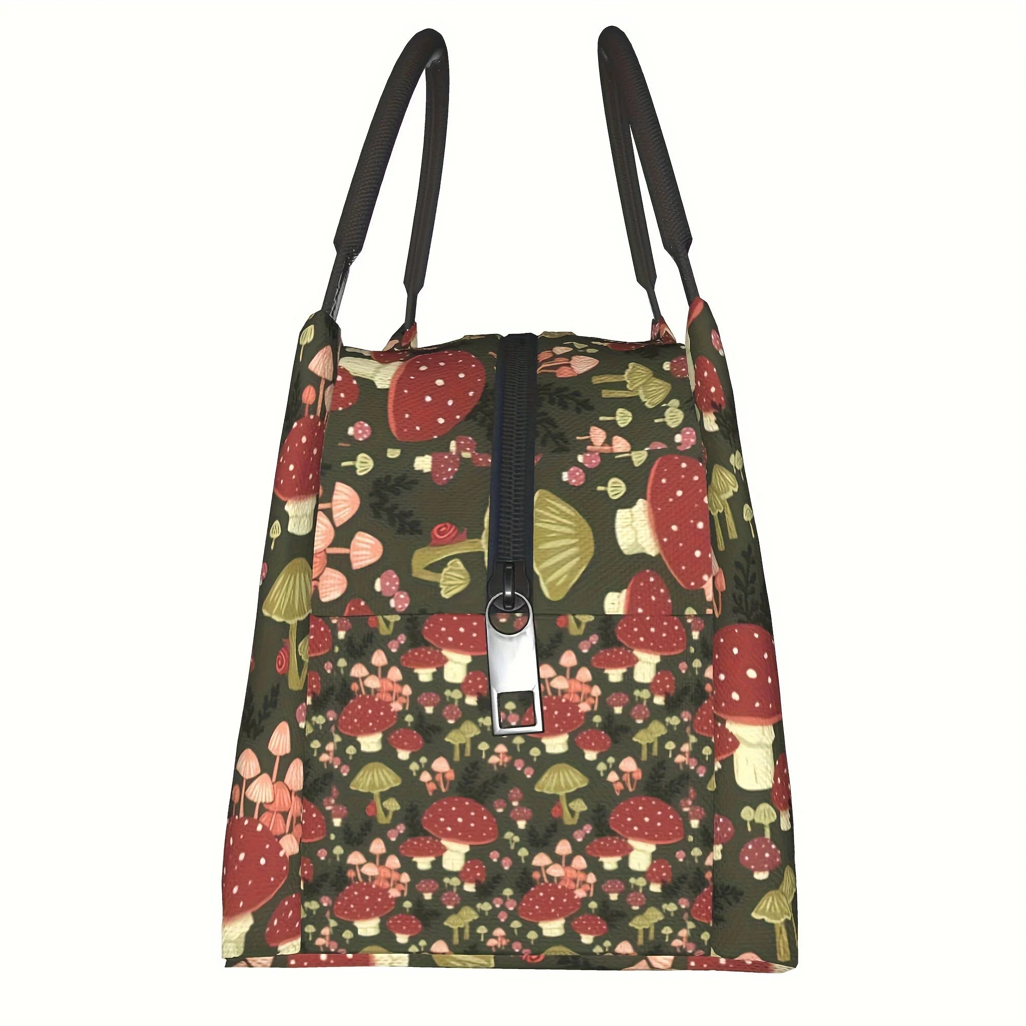 Fairy Garden Mushroom Print Insulated Lunch Bag Durable Polyester Picnic Tote Bag