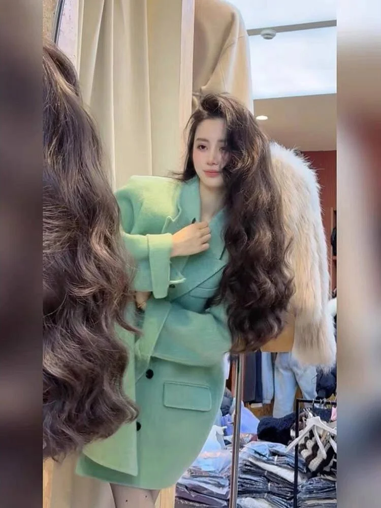 ชุดสูทขนสัตว์ไซส์ใหญ่ เสื้อโค้ทแฟชั่นฤดูหนาวสำหรับผู้หญิง สไตล์เกาหลี ทรงหลวม ไซส์ MM300 ใยโพลีเอสเตอร์กันหนาว