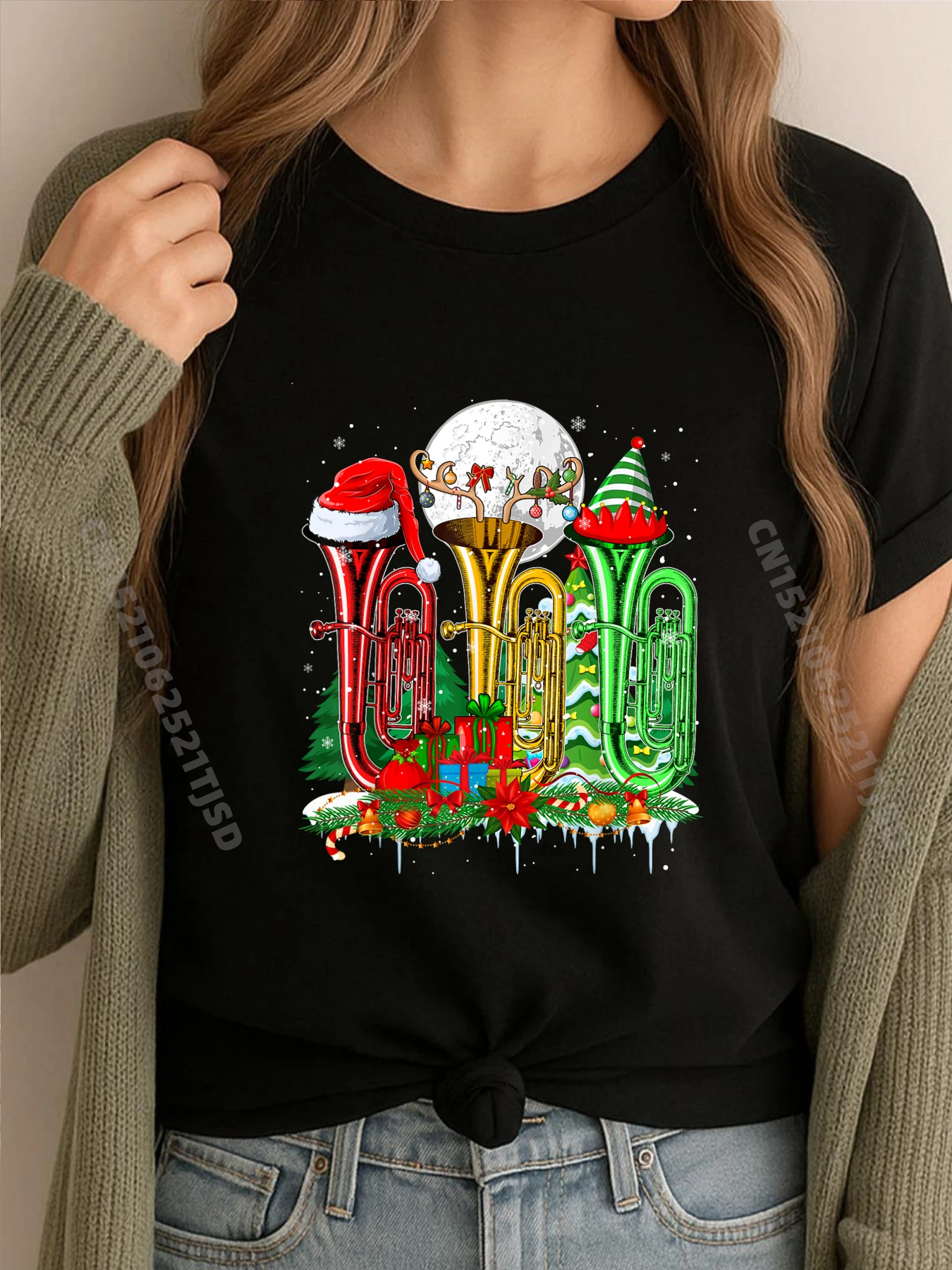 

Three Santa Reindeer Elf Tubas Xmas Instrumentalist Vintage T Shirts Oversize Man