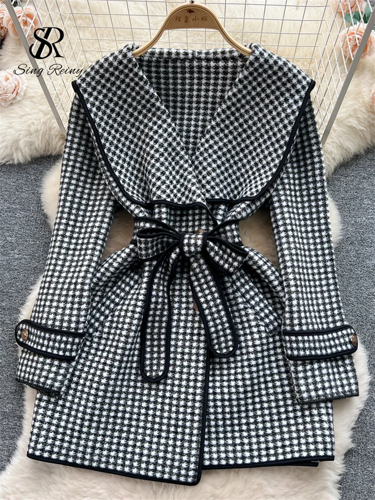 

BabYoung Winter Plaid Woolen Jacket 2023 Ladies Lapel Neck Sleeves Sashes Korean Casual Houndstooth Warm Long Out Wear