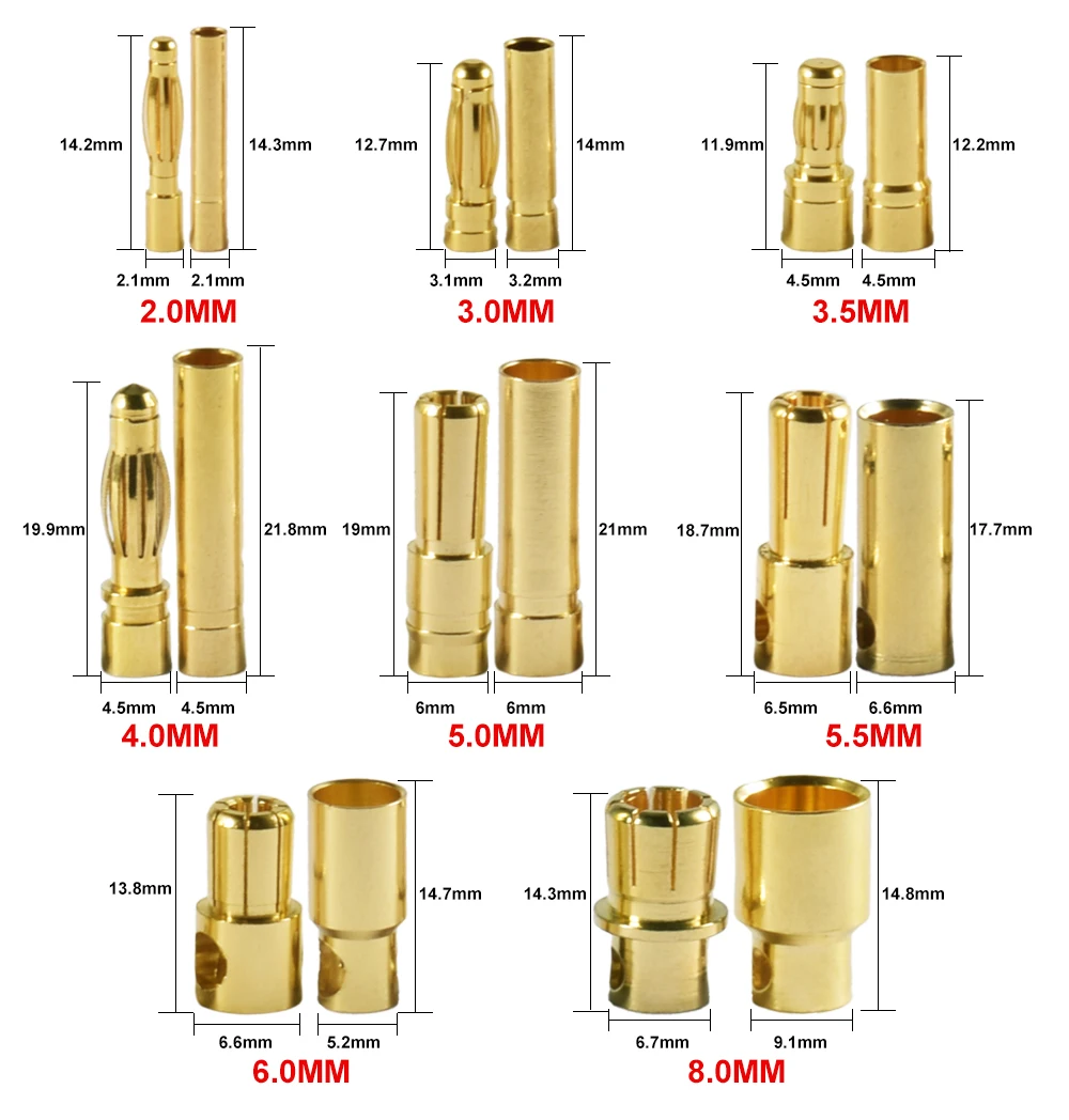 9IMOD 1/5/10Pair RC Bullet Connectors 2/3/3.5/4.0/5/5.5/6/8mm Male Female Banana Bullet Connector Plug Gold-plated Adapter