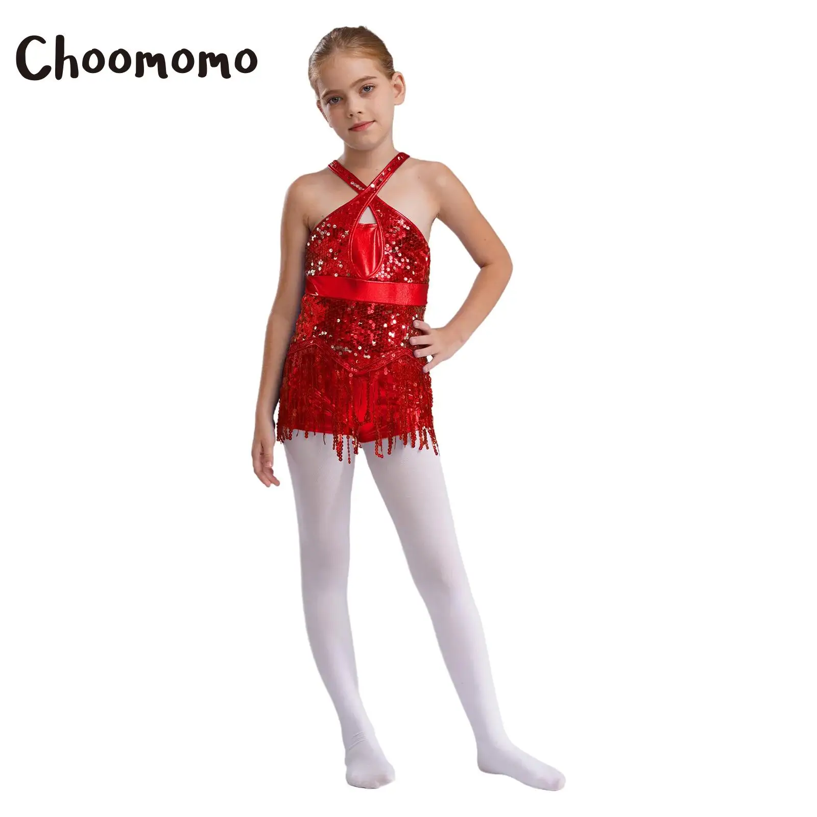 

Kids Girls Sparkly Sequins Tassel Latin Leotard Dance Dress for Jazz Tap Salsa Rumba Samba Cha-Cha Performance Costumes