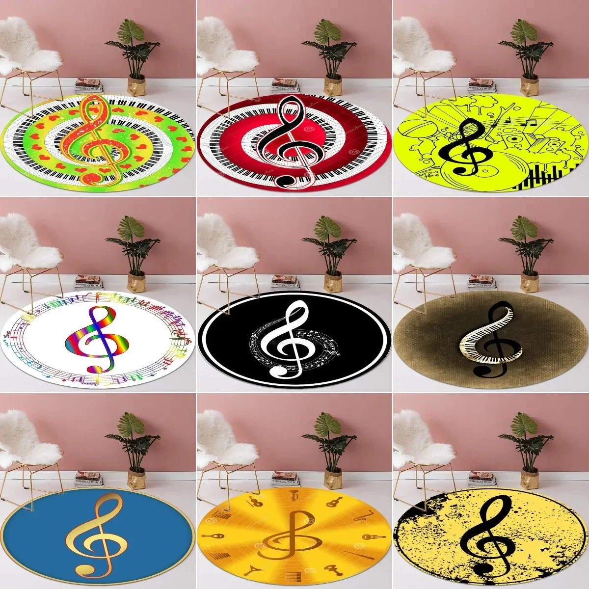 Colorful Music Symbol Round Carpet Piano Keys Black White Circle Rug Bedroom Living Room Non-slip Floor Mat Chair Pad Doormat