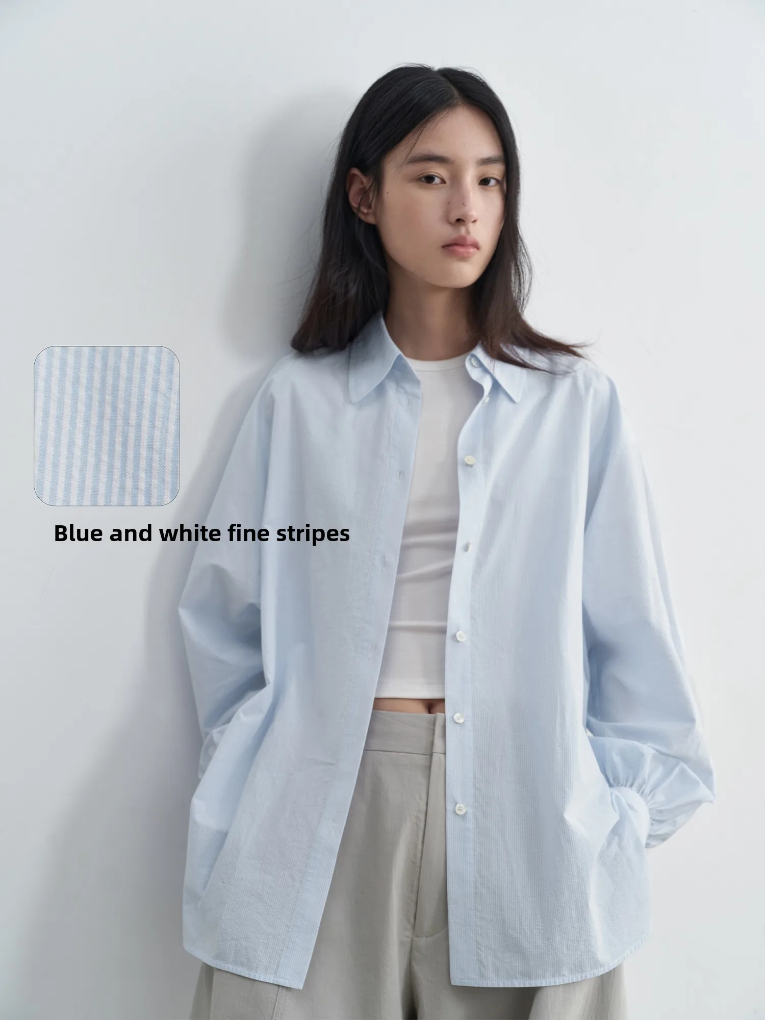 

Blue Cotton Stripe Shirt Split Hem Casual Loose Fit Women's Long Sleeve Button up Shirt Blue Color Block Shoulder Sleeve Shirt