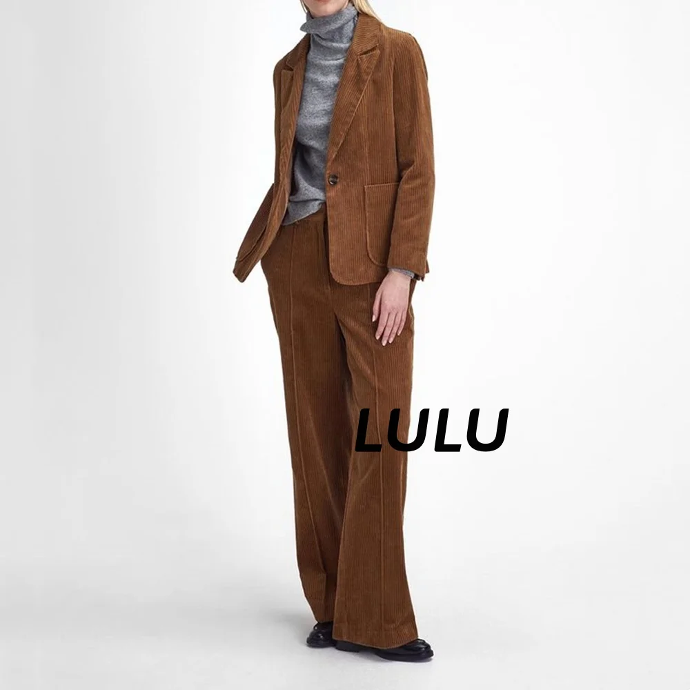 Suit For Women Notched Lapel Brown Corduroy Jacket Autumn Suit Pants Set Elegant Women's Outfits Workplace Party Dresses