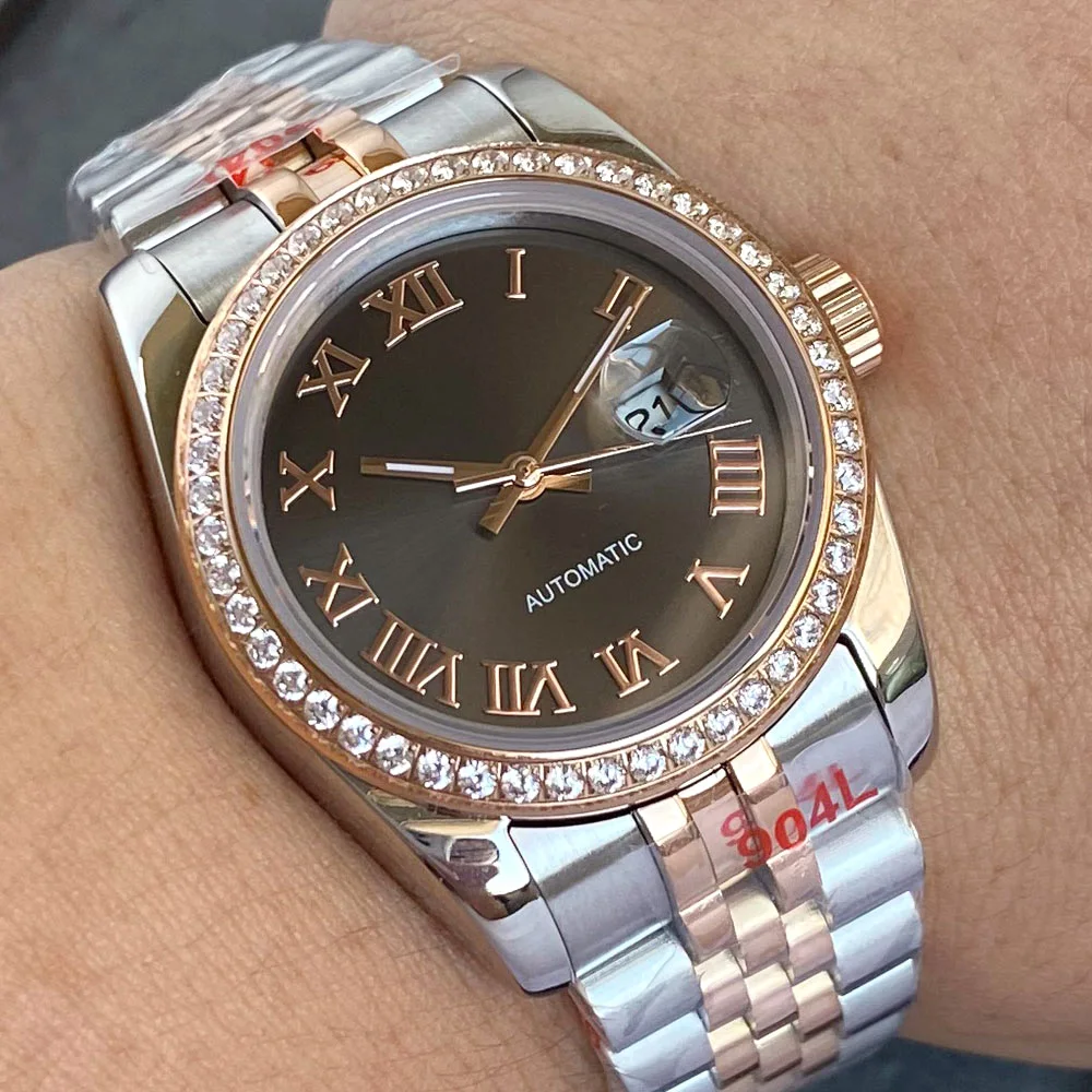 BLIGER Rose Gold Roman Numerals 31mm Sunburst Dial NH05 Automatic Movt Lady Watch Diamond Bezel Sapphire Glass Luxury Clock 2024