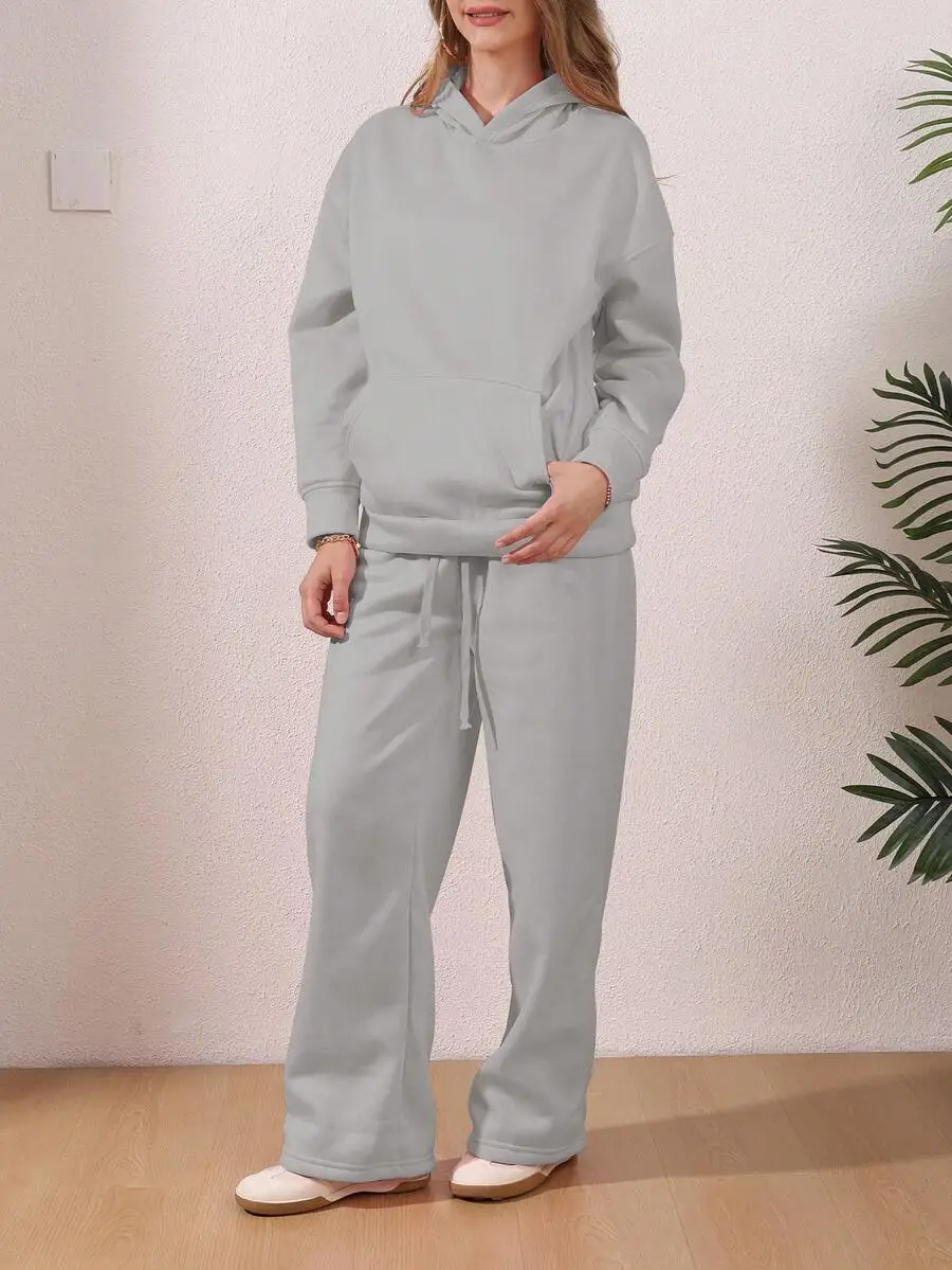 

Two Pieces Set Autumn Winter Casual Hooded Sweatshirt And Drawstring Straight Leg Sweatpants