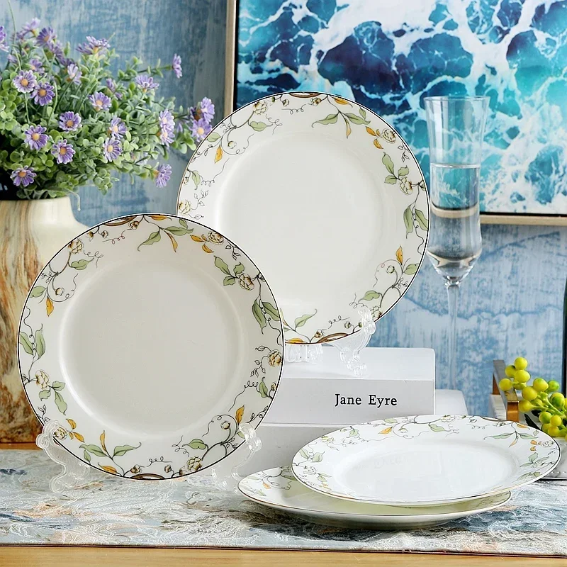 8 Inch, Fine Bone China Cake Plate, Ceramic Decorative Plate, Leaf Band Painting, White Porcelain Dishes, Breakfast Tray