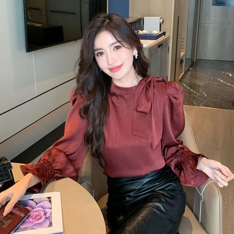 Temperament Bandage Bow Long Sleeve Blouse Women Clothing Solid Color Loose Elegant Shirt Tops Fashion Office Spring Autumn New