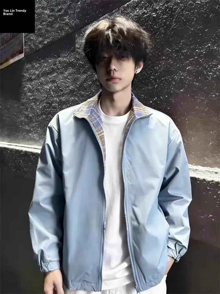 

Cleanfit Plaid Patchwork Stand Collar Men's Jaet Spring College Sle Couple Outerwear American Vibe Baseball orm