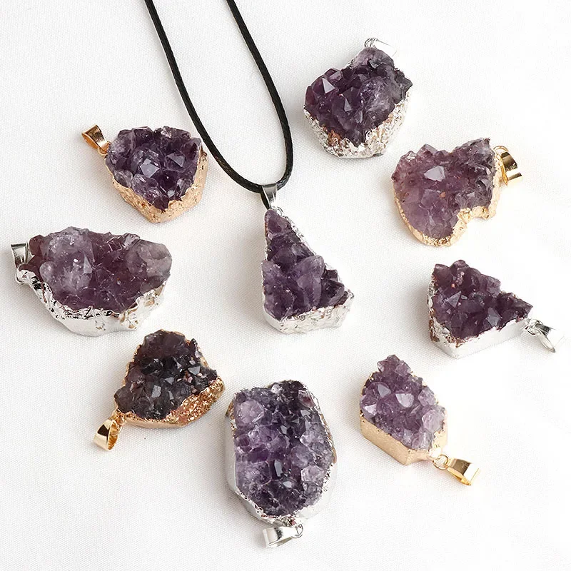 1 قطعة شخصية الكريستال الطبيعي الإبداعية جمشت العنقودية قلادة 20-35 مللي متر x 20-30 مللي متر سترة سلسلة قلادة غير النظامية مجوهرات