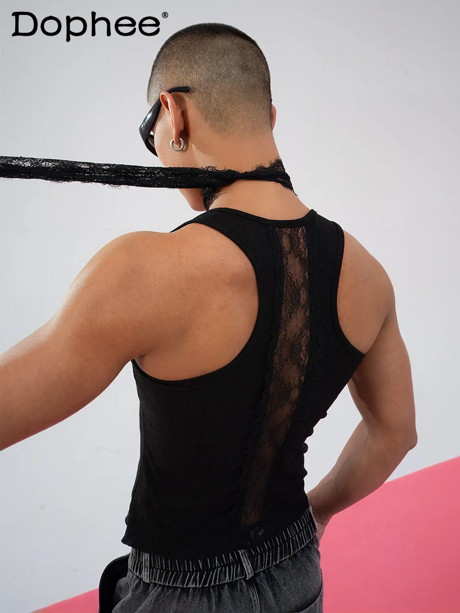 

2024 Summer Solid Color Lace Lace-up Back Hollowed Out Casual Vests Men's Slimming Stretch Sports Trendy Sleeveless Waistcoats