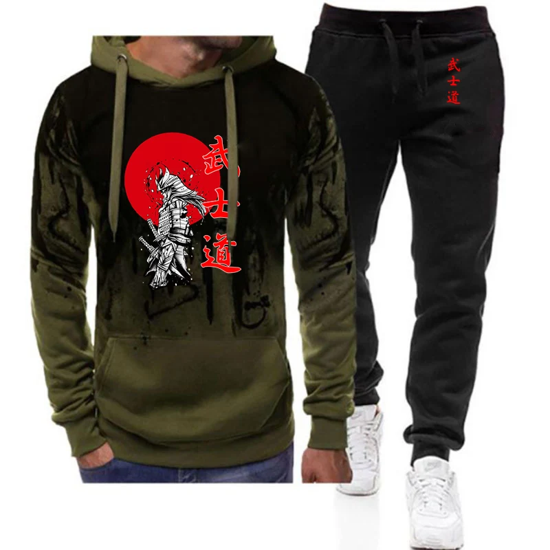 2025 Spring Autumn Men's Japan Samurai Spirit Logo Print Popular Gradient Color Hoodies+Drawstring Sweatpants High Quality Sets