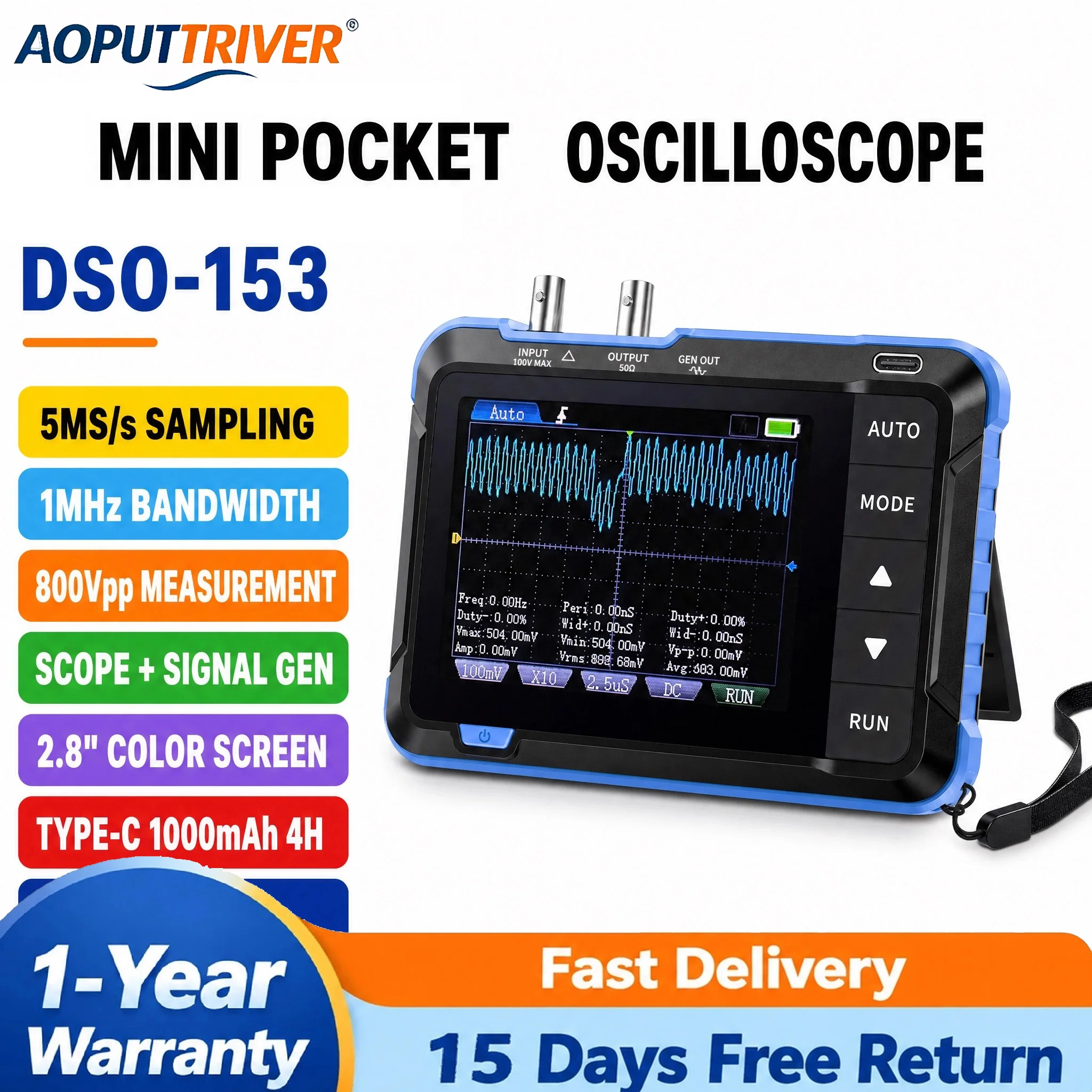 FNIRSI DSO153 Handheld Digital Oscilloscope 5MS/s 1MHz Bandwidth 2-in-1 Portable Automotive Tester DIY Electronics Repair Tool