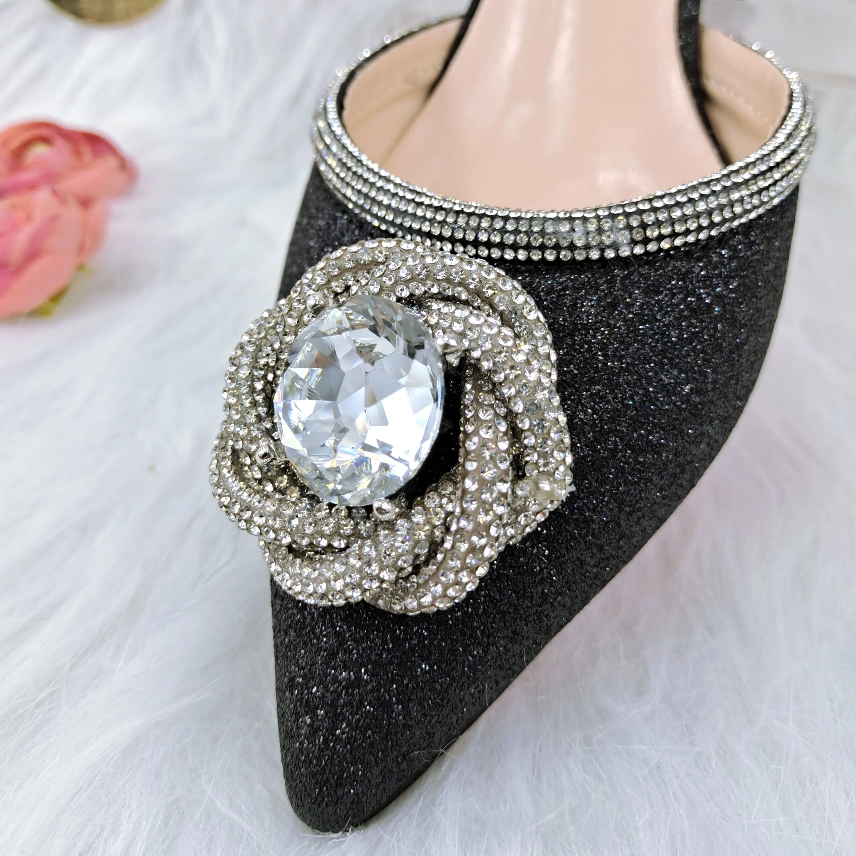 Hot Selling Italian Design Shoes and Bag Decorated with Colorful Crystal, Navy Blue Color For Party and Wedding