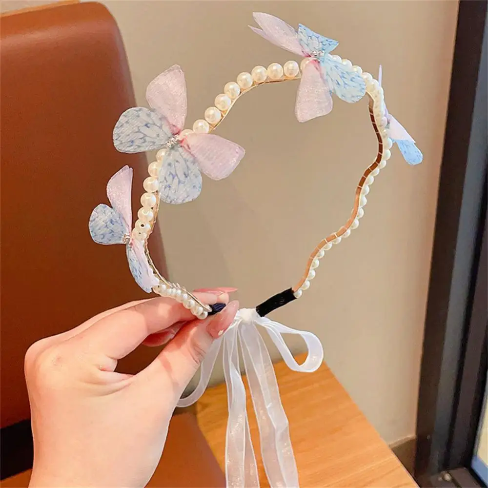 Children's Butterfly Headband, Streamer Hair Hoop, bebê, princesa bonito, feminino Pérola Hairband, acabamento Hairpin, 1-10pcs