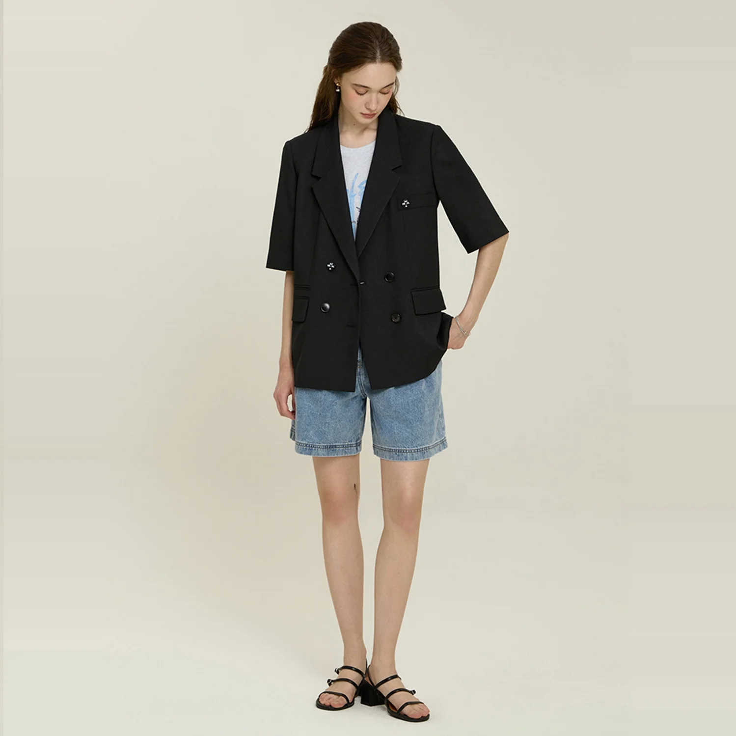 

Летний тонкий костюм ort Sve Jaet для поездок на работу, универсальный топ с буквенным принтом irt Quali, верхнее пальто с двойной пуговицей, однотонная рабочая одежда