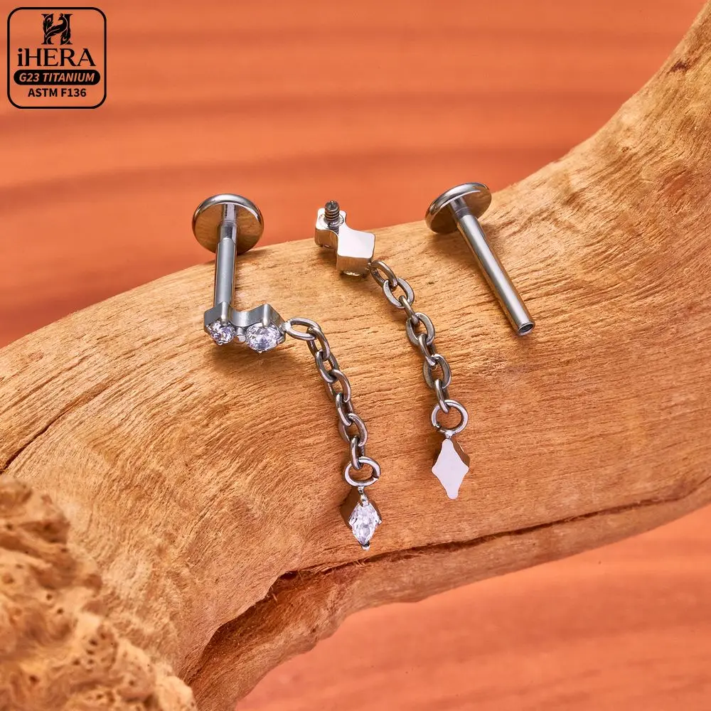 ASTM F136 Titan-Ohrstecker mit Marquise-Zirkonia, flacher Rückseite, glitzernder Kette, Baguette-Kreuz, Labret, Helix, Tragus, Conch, Ohrstecker-Schmuck – Detail 4