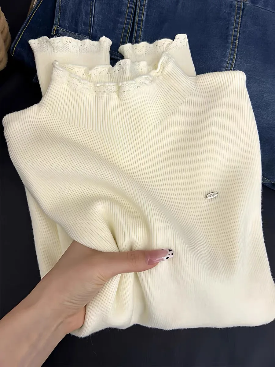 

Women's Lace Splice f High Collar Knitted Base irt Autumn Winter Outerwear Casual Chic Sle Long Sve Color