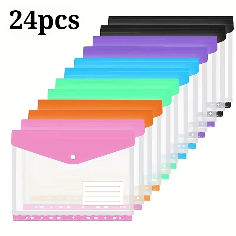 24pcs A4 Expanding File Folders with Push-Button 11-Ring Binder Pockets - PP Plastic Document Organizer with Locking Mechanism