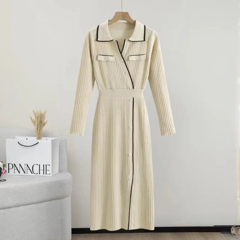 2024 Women\'s Knitted Dress Autumn Winter Fashion Flip Collar Single Breasted Long Sleeved Slimming Office Casual Dresses